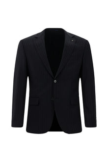 Siyah Lacivert Regular Fit Çantalı Flex Suit Yünlü Çizgili Klasik Takım Elbise