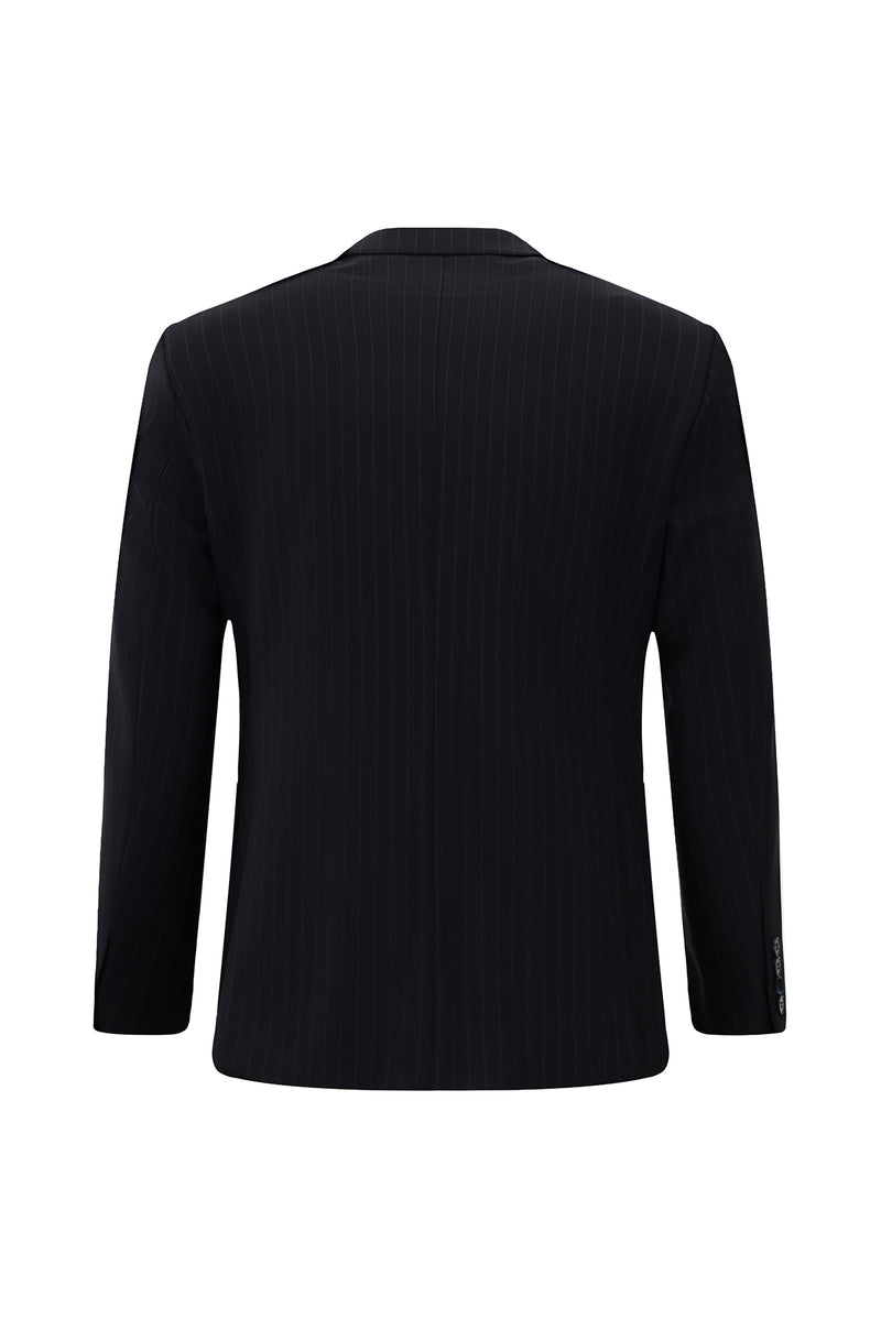 Siyah Lacivert Regular Fit Çantalı Flex Suit Yünlü Çizgili Klasik Takım Elbise