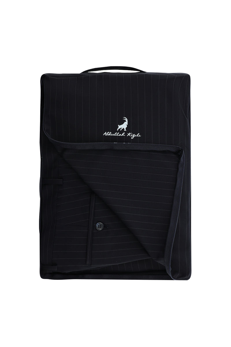 Siyah Lacivert Regular Fit Çantalı Flex Suit Yünlü Çizgili Klasik Takım Elbise