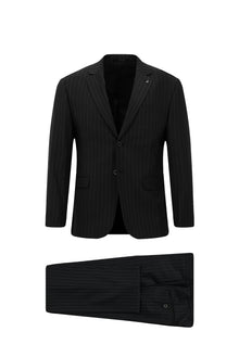 Koyu Antrasit 7 Drop Slim Fit Dar Kesim Yünlü Sivri Yaka Beli Lastikli Pileli Çizgili Klasik Takım Elbise