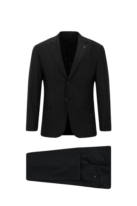 Koyu Antrasit 7 Drop Slim Fit Dar Kesim Yünlü Sivri Yaka Beli Lastikli Pileli Çizgili Klasik Takım Elbise