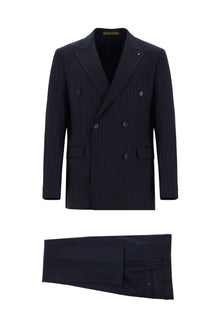 Koyu Lacivert Regular Fit Yünlü Kruvaze Çizgili Guabello Takım Elbise