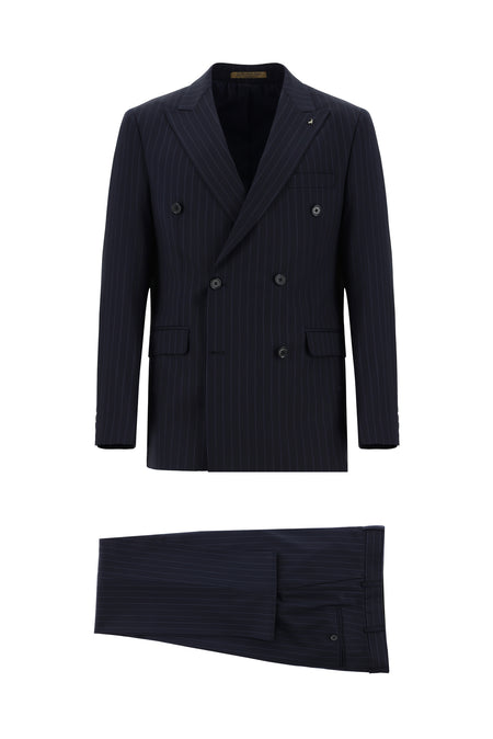 Koyu Lacivert Regular Fit Yünlü Kruvaze Çizgili Guabello Takım Elbise