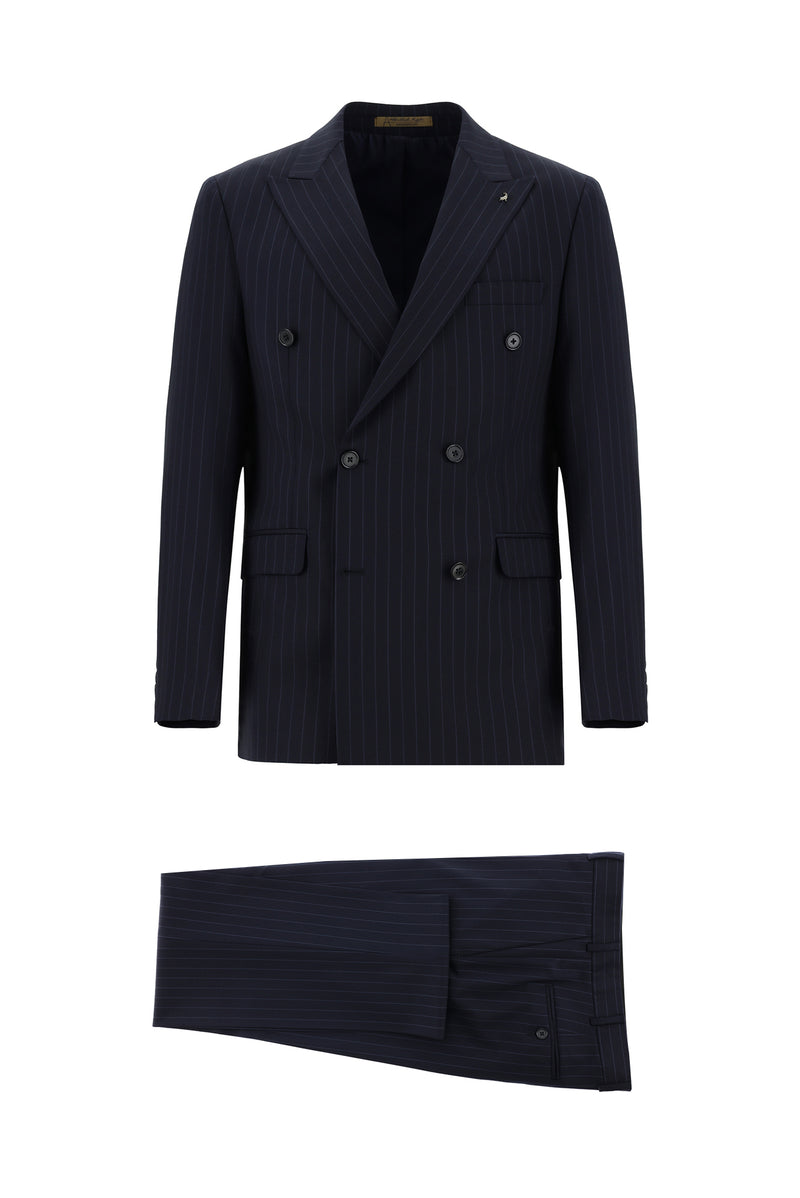 Koyu Lacivert Regular Fit Yünlü Kruvaze Çizgili Guabello Takım Elbise