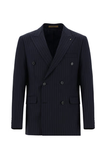 Koyu Lacivert Regular Fit Yünlü Kruvaze Çizgili Guabello Takım Elbise