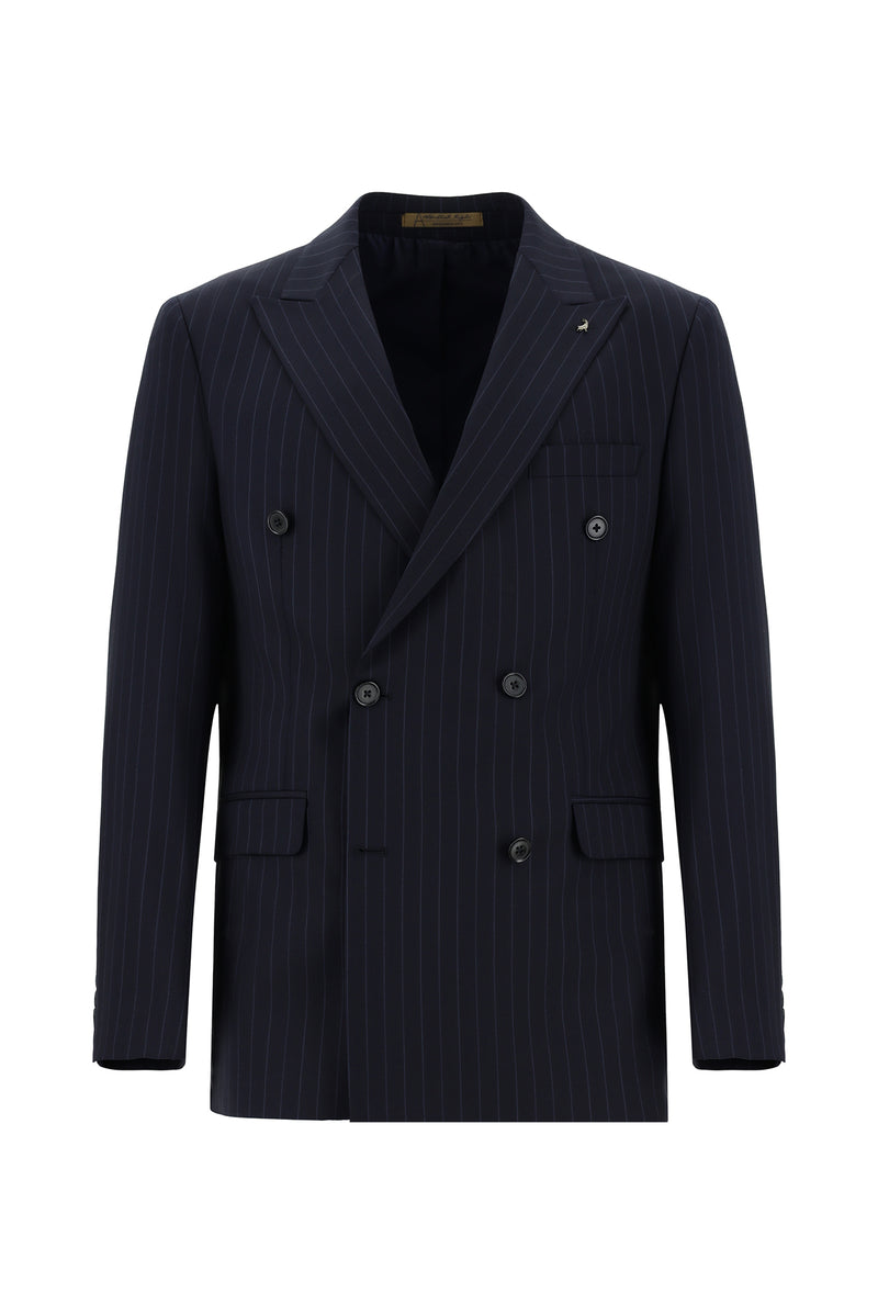 Koyu Lacivert Regular Fit Yünlü Kruvaze Çizgili Guabello Takım Elbise