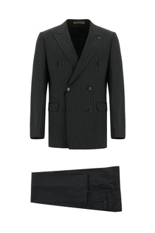 Koyu Antrasit Regular Fit Yünlü Kruvaze Çizgili Guabello Takım Elbise