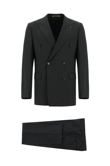 Koyu Antrasit Regular Fit Yünlü Kruvaze Çizgili Guabello Takım Elbise