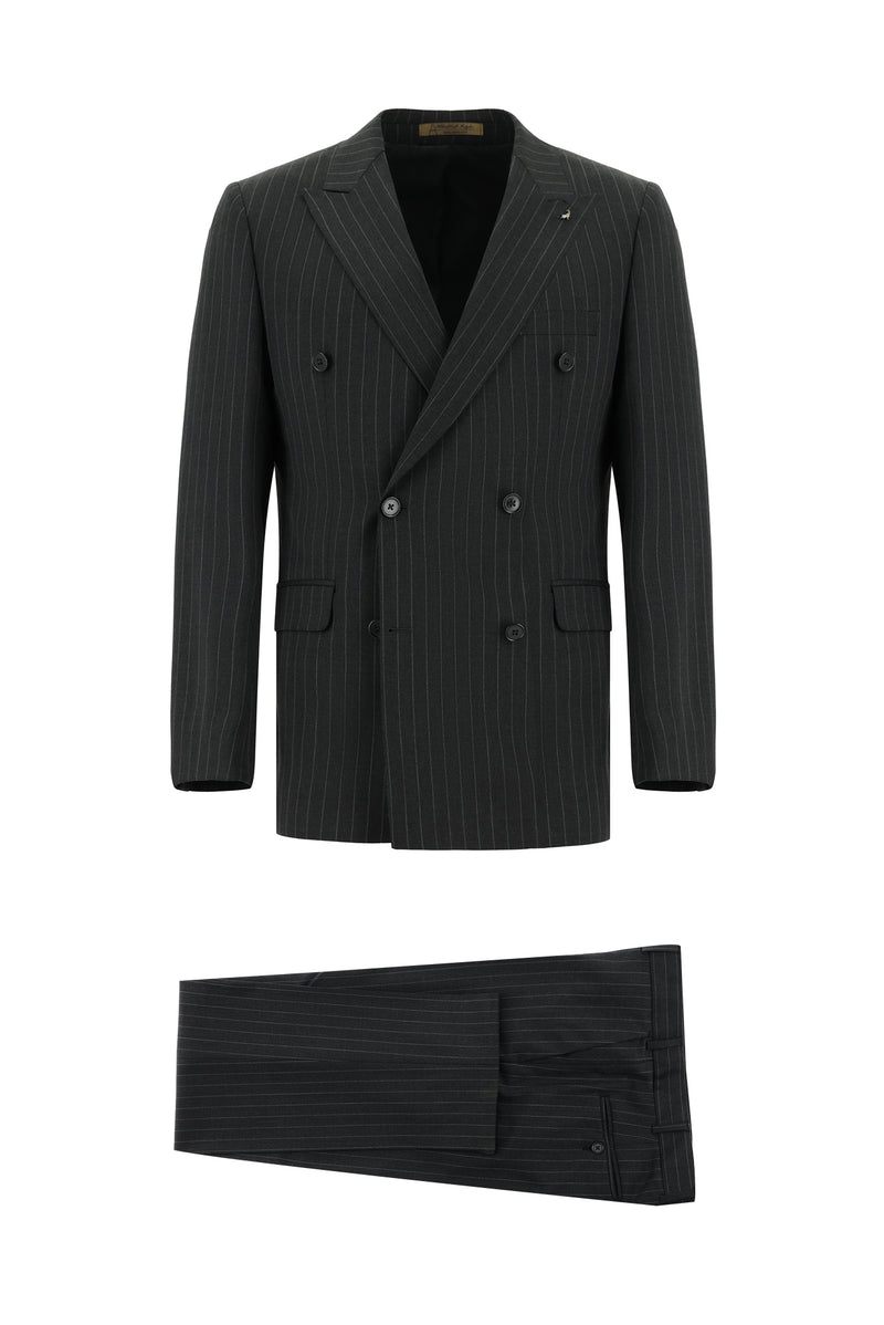 Koyu Antrasit Regular Fit Yünlü Kruvaze Çizgili Guabello Takım Elbise