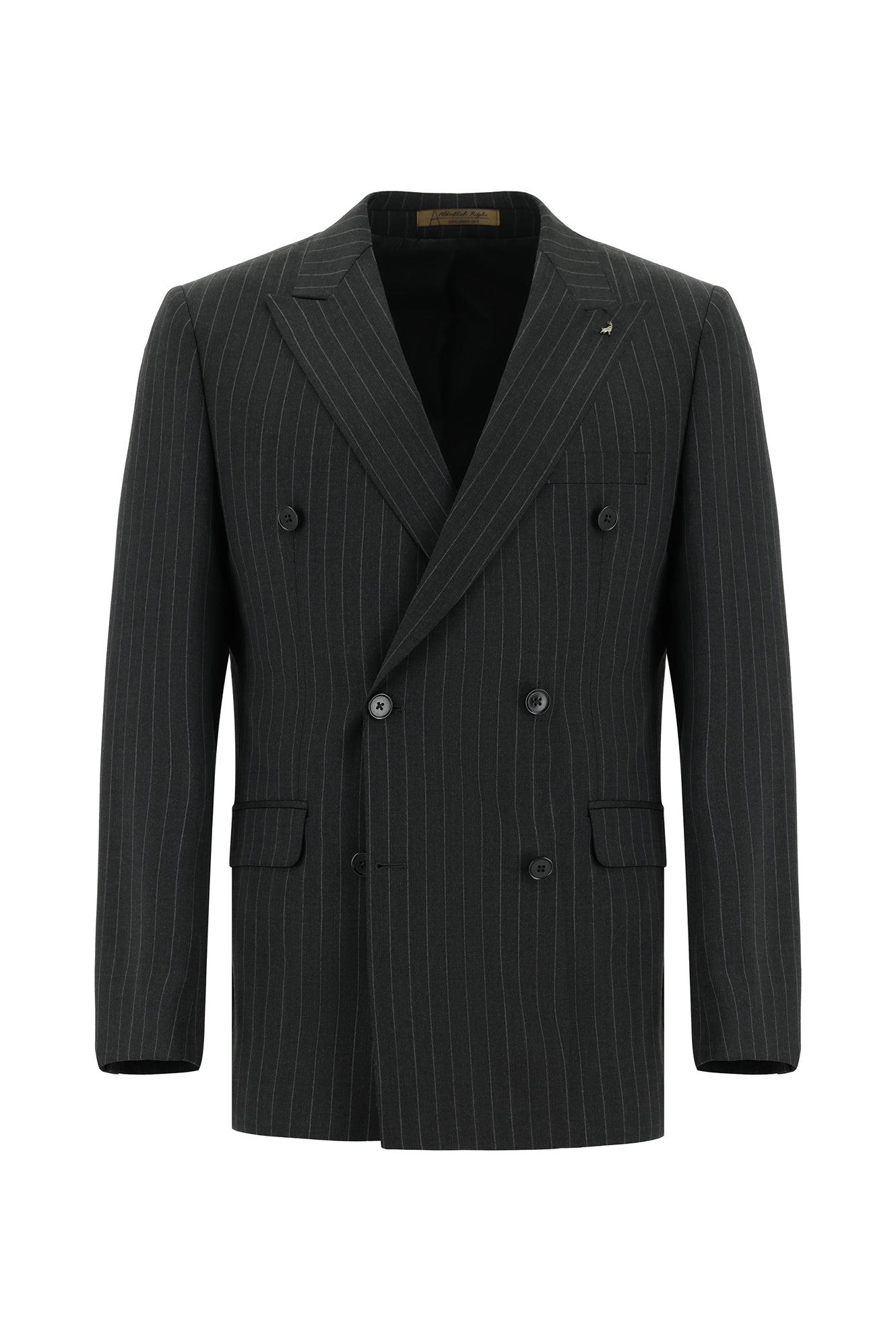 Koyu Antrasit Regular Fit Yünlü Kruvaze Çizgili Guabello Takım Elbise
