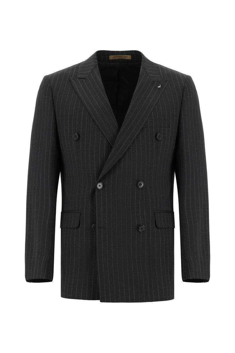Koyu Antrasit Regular Fit Yünlü Kruvaze Çizgili Guabello Takım Elbise