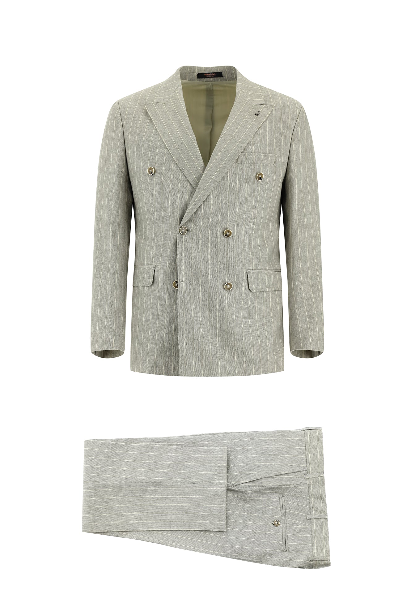 Açık Gri Slim Fit Dar Kesim Çizgili Keten Kruvaze Takım Elbise