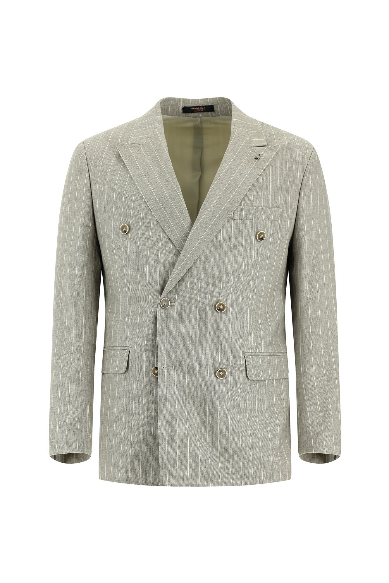 Açık Gri Slim Fit Dar Kesim Çizgili Keten Kruvaze Takım Elbise