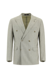 Açık Gri Regular Fit Çizgili Keten Kruvaze Takım Elbise