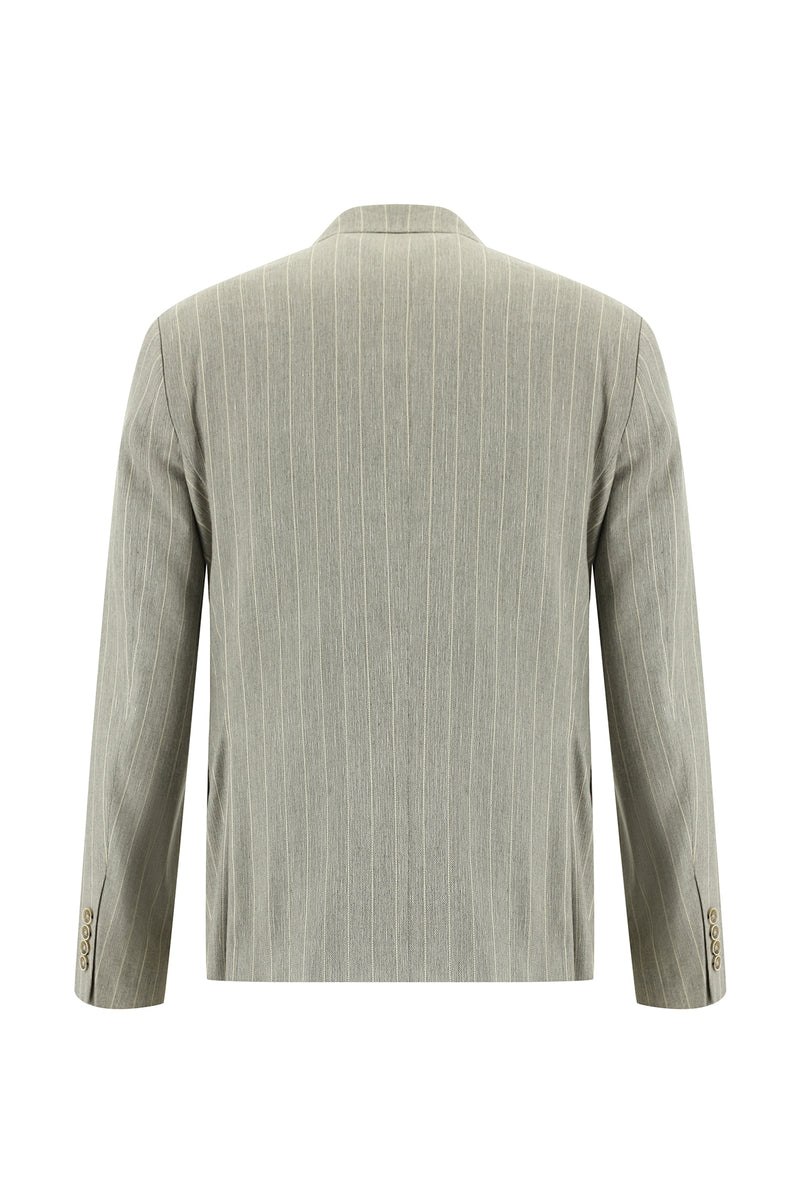 Açık Gri Regular Fit Çizgili Keten Kruvaze Takım Elbise