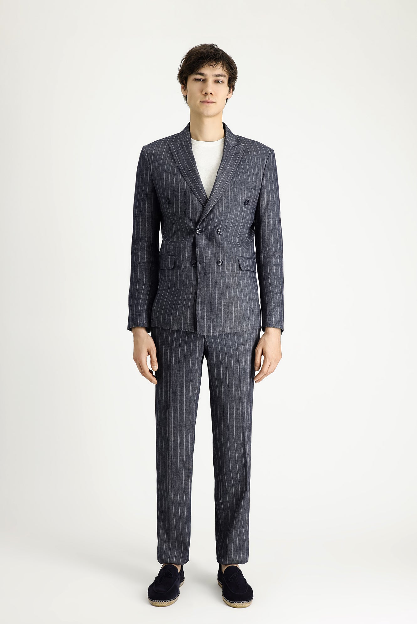 Koyu Lacivert Slim Fit Dar Kesim Çizgili Keten Karışımlı Kruvaze Takım Elbise