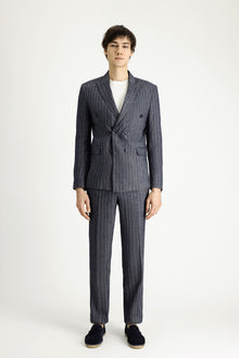 Koyu Lacivert Regular Fit Çizgili Keten Karışımlı Kruvaze Takım Elbise