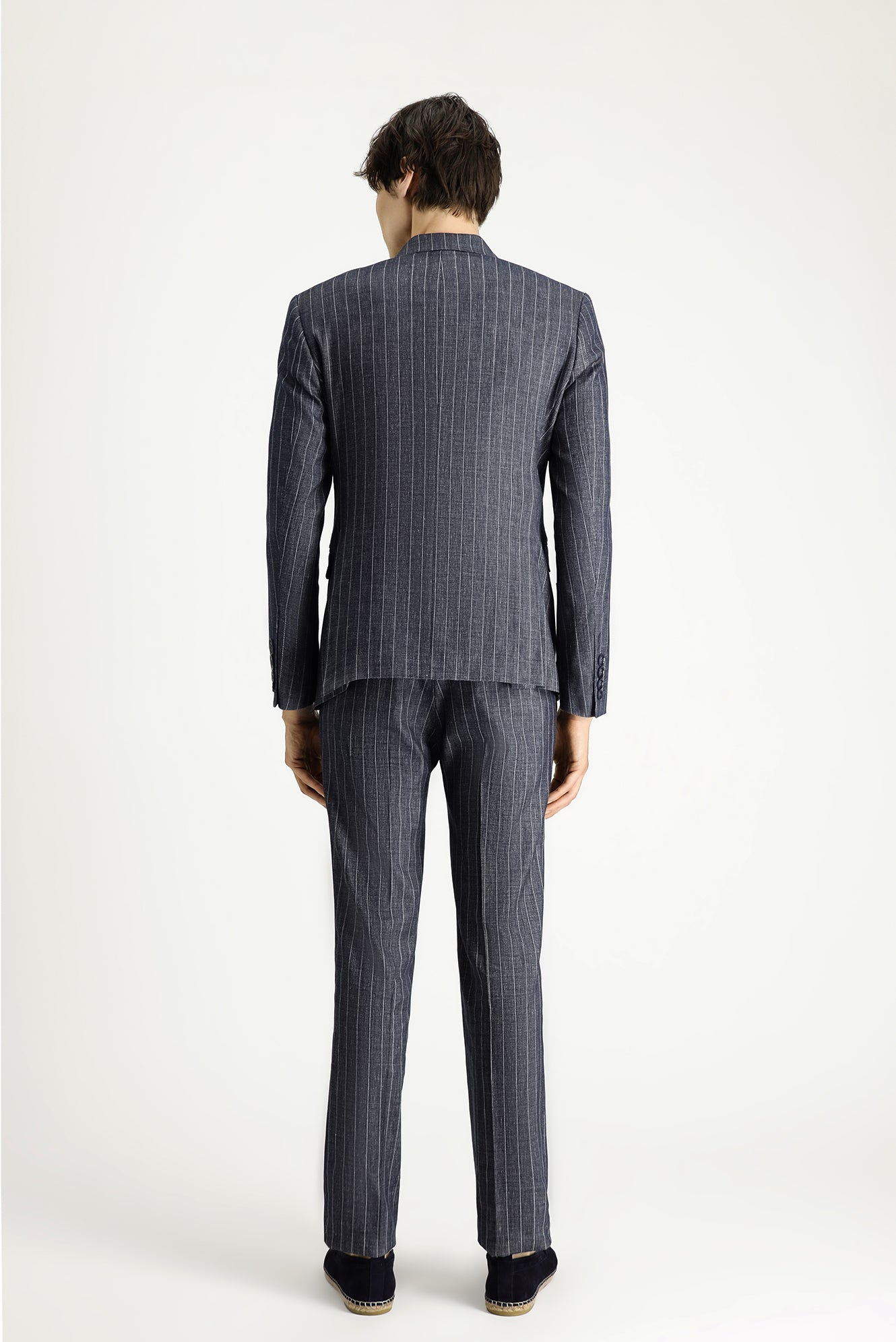 Koyu Lacivert Slim Fit Dar Kesim Çizgili Keten Karışımlı Kruvaze Takım Elbise