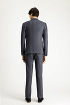 Koyu Lacivert Regular Fit Çizgili Keten Karışımlı Kruvaze Takım Elbise
