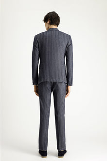 Koyu Lacivert Regular Fit Çizgili Keten Karışımlı Kruvaze Takım Elbise