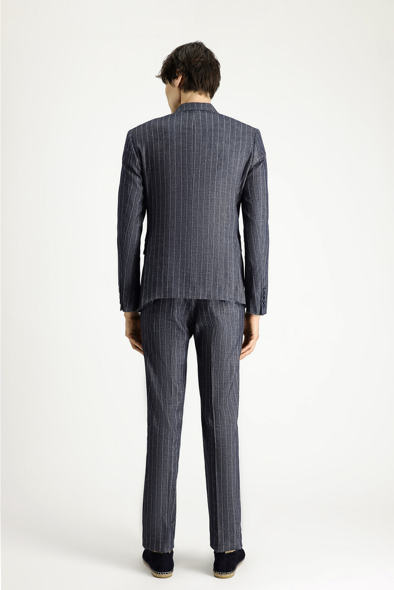 Koyu Lacivert Regular Fit Çizgili Keten Karışımlı Kruvaze Takım Elbise