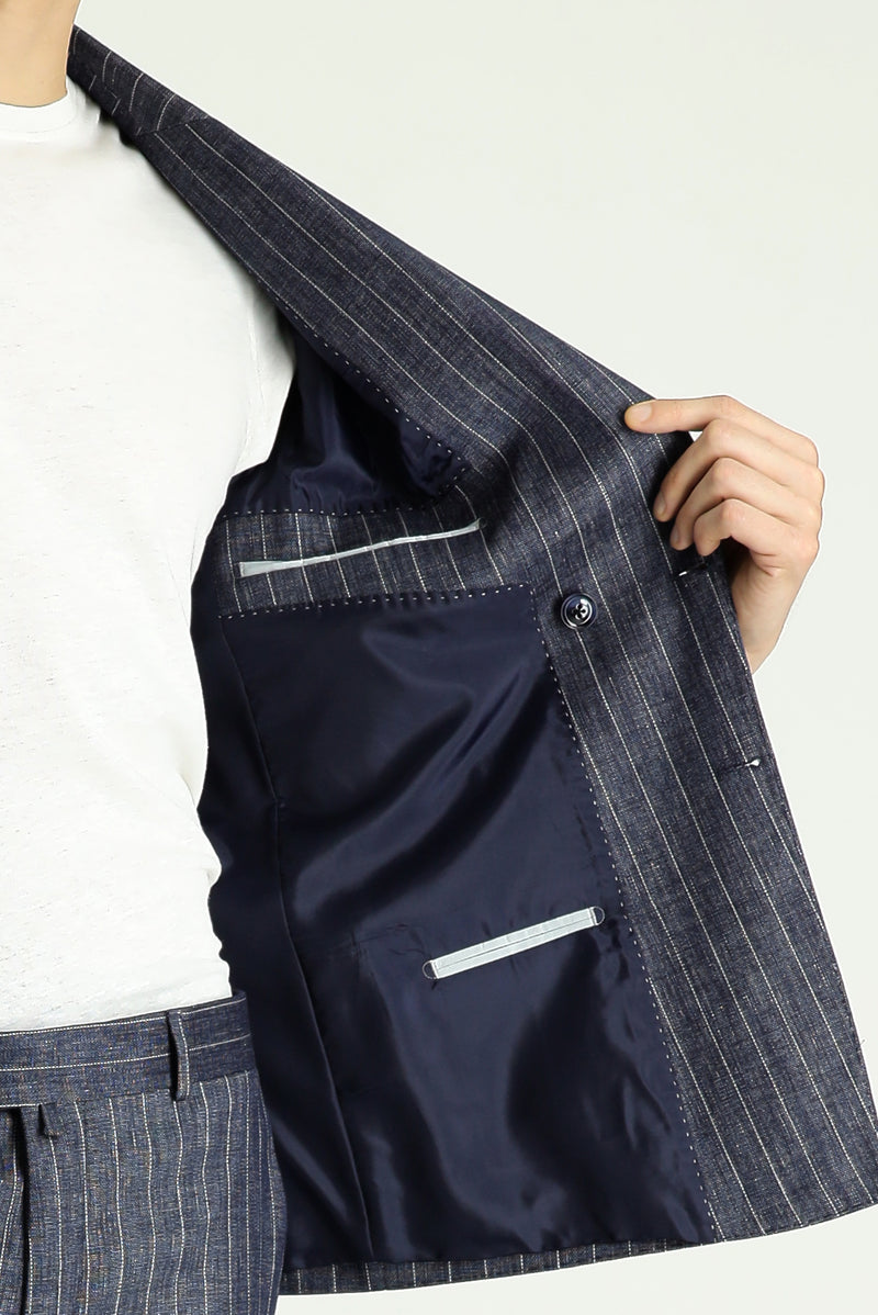 Koyu Lacivert Slim Fit Dar Kesim Çizgili Keten Karışımlı Kruvaze Takım Elbise