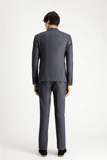 Koyu Lacivert 7 Drop Slim Fit Dar Kesim Çizgili Keten Kar???ml? Kruvaze Tak?m Elbise-Abdullah Ki??l?