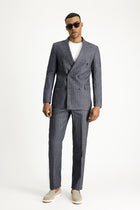 Koyu Lacivert Regular Fit Çizgili Keten Karışımlı Kruvaze Takım Elbise