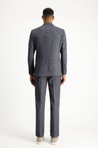 Koyu Lacivert Slim Fit Dar Kesim Çizgili Keten Karışımlı Kruvaze Takım Elbise