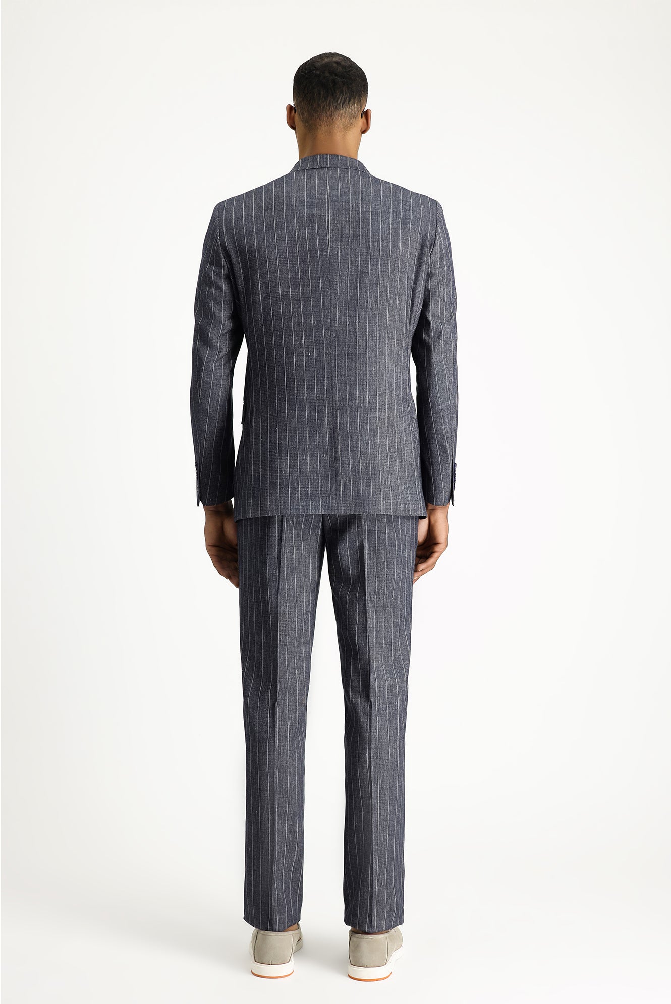 Koyu Lacivert 7 Drop Slim Fit Dar Kesim Çizgili Keten Kar???ml? Kruvaze Tak?m Elbise-Abdullah Ki??l?