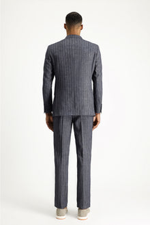 Koyu Lacivert 7 Drop Slim Fit Dar Kesim Çizgili Keten Kar???ml? Kruvaze Tak?m Elbise-Abdullah Ki??l?