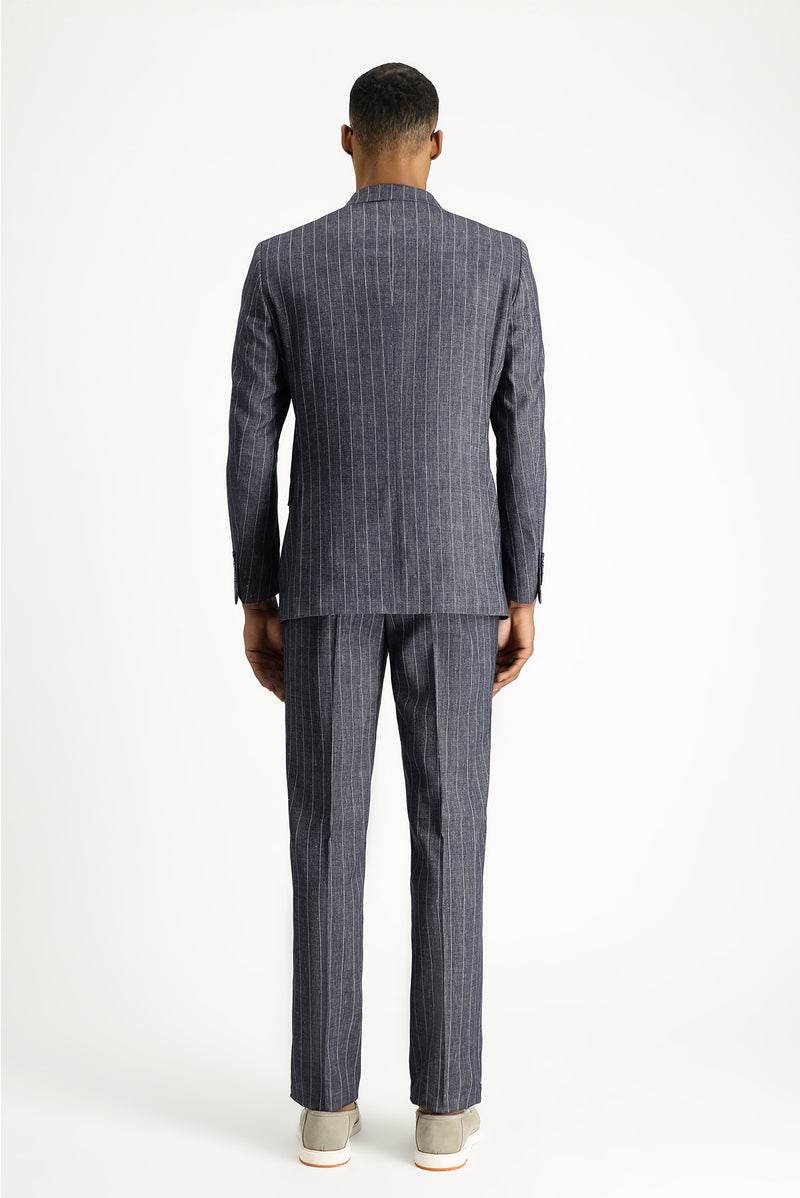 Koyu Lacivert 7 Drop Slim Fit Dar Kesim Çizgili Keten Kar???ml? Kruvaze Tak?m Elbise-Abdullah Ki??l?