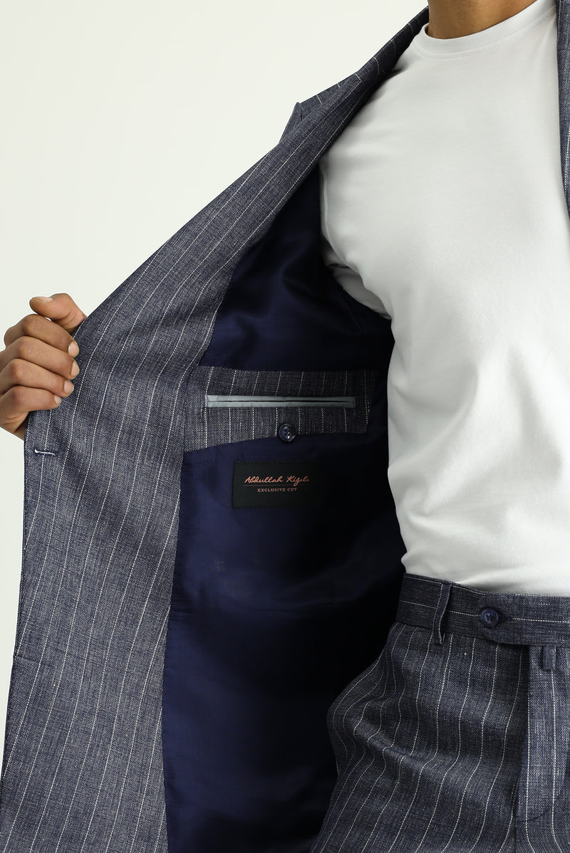 Koyu Lacivert Slim Fit Dar Kesim Çizgili Keten Karışımlı Kruvaze Takım Elbise