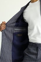 Koyu Lacivert Regular Fit Çizgili Keten Karışımlı Kruvaze Takım Elbise