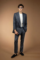 Koyu Lacivert Slim Fit Dar Kesim Çizgili Keten Karışımlı Kruvaze Takım Elbise