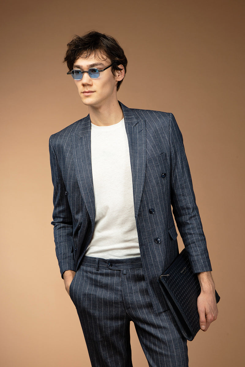 Koyu Lacivert Slim Fit Dar Kesim Çizgili Keten Karışımlı Kruvaze Takım Elbise