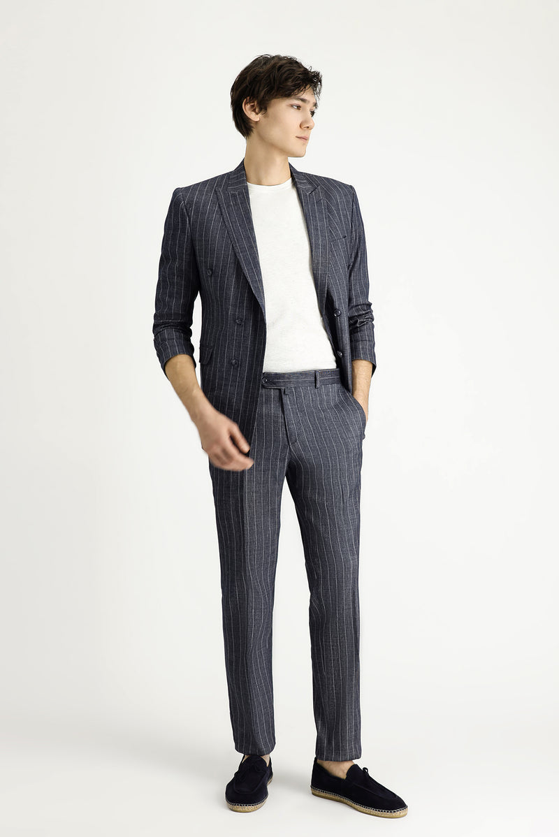 Koyu Lacivert Slim Fit Dar Kesim Çizgili Keten Karışımlı Kruvaze Takım Elbise