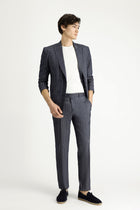 Koyu Lacivert Regular Fit Çizgili Keten Karışımlı Kruvaze Takım Elbise