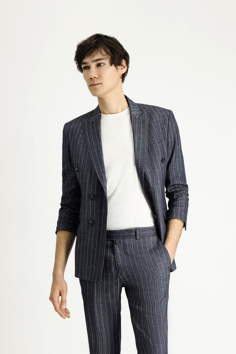 Koyu Lacivert Slim Fit Dar Kesim Çizgili Keten Karışımlı Kruvaze Takım Elbise