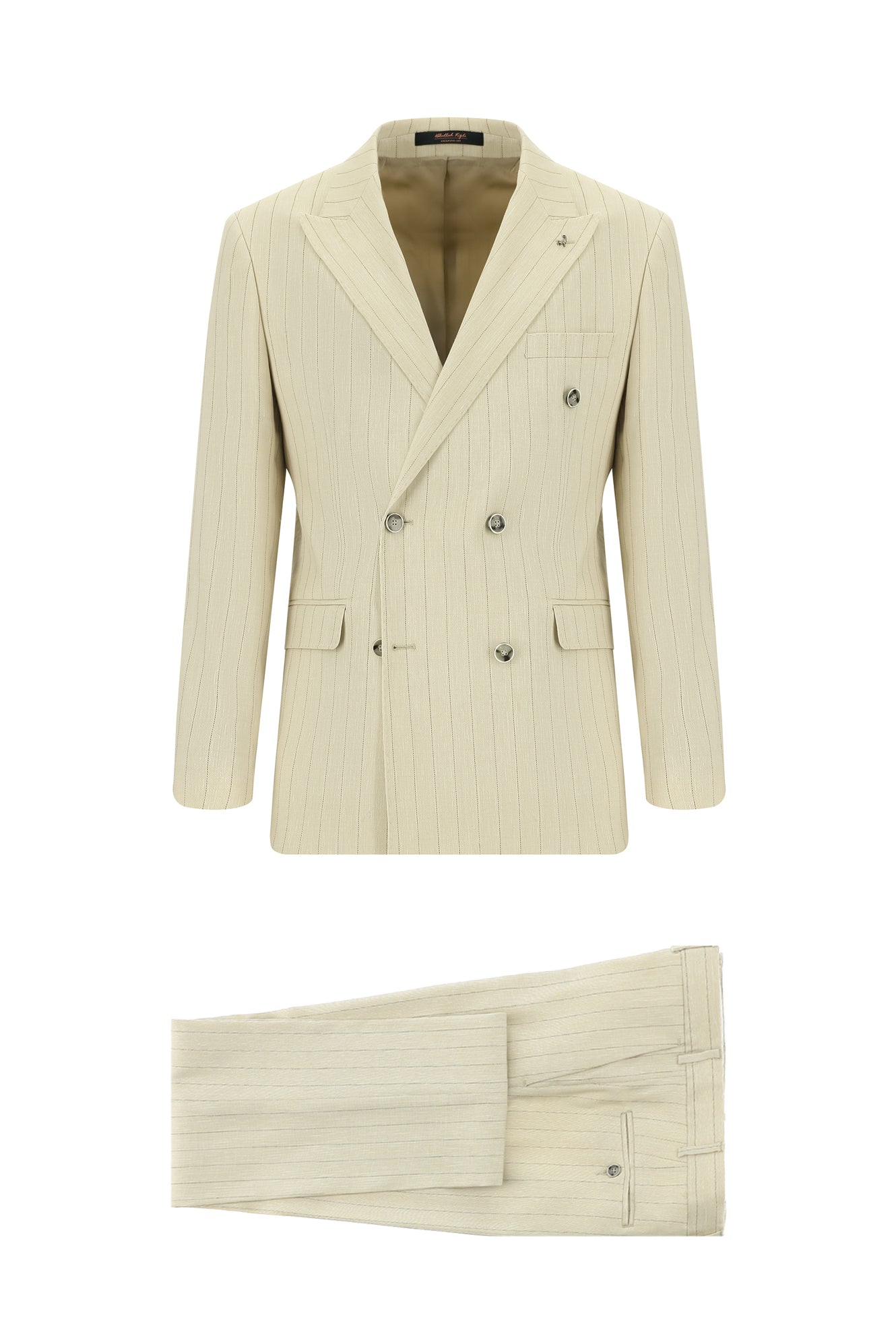Açık Bej Slim Fit Dar Kesim Çizgili Keten Kruvaze Takım Elbise