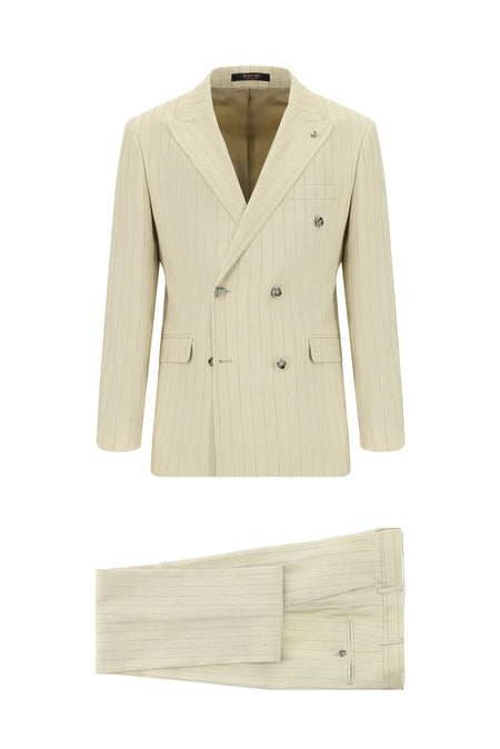 Açık Bej Slim Fit Dar Kesim Çizgili Keten Kruvaze Takım Elbise