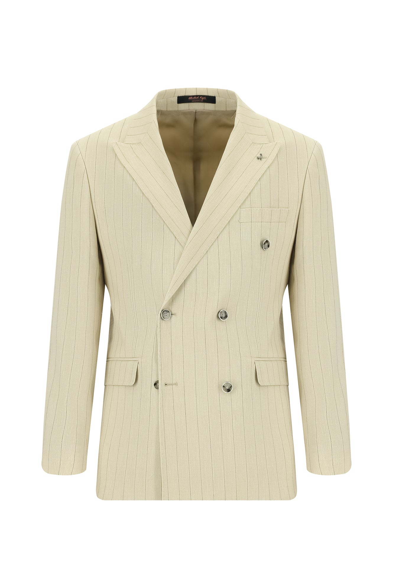 Aç?k Bej 7 Drop Slim Fit Dar Kesim Çizgili Keten Kruvaze Tak?m Elbise-Abdullah Ki??l?