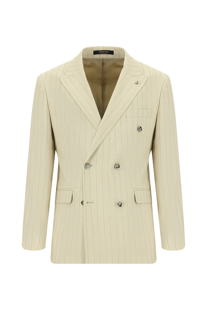 Aç?k Bej 7 Drop Slim Fit Dar Kesim Çizgili Keten Kruvaze Tak?m Elbise-Abdullah Ki??l?
