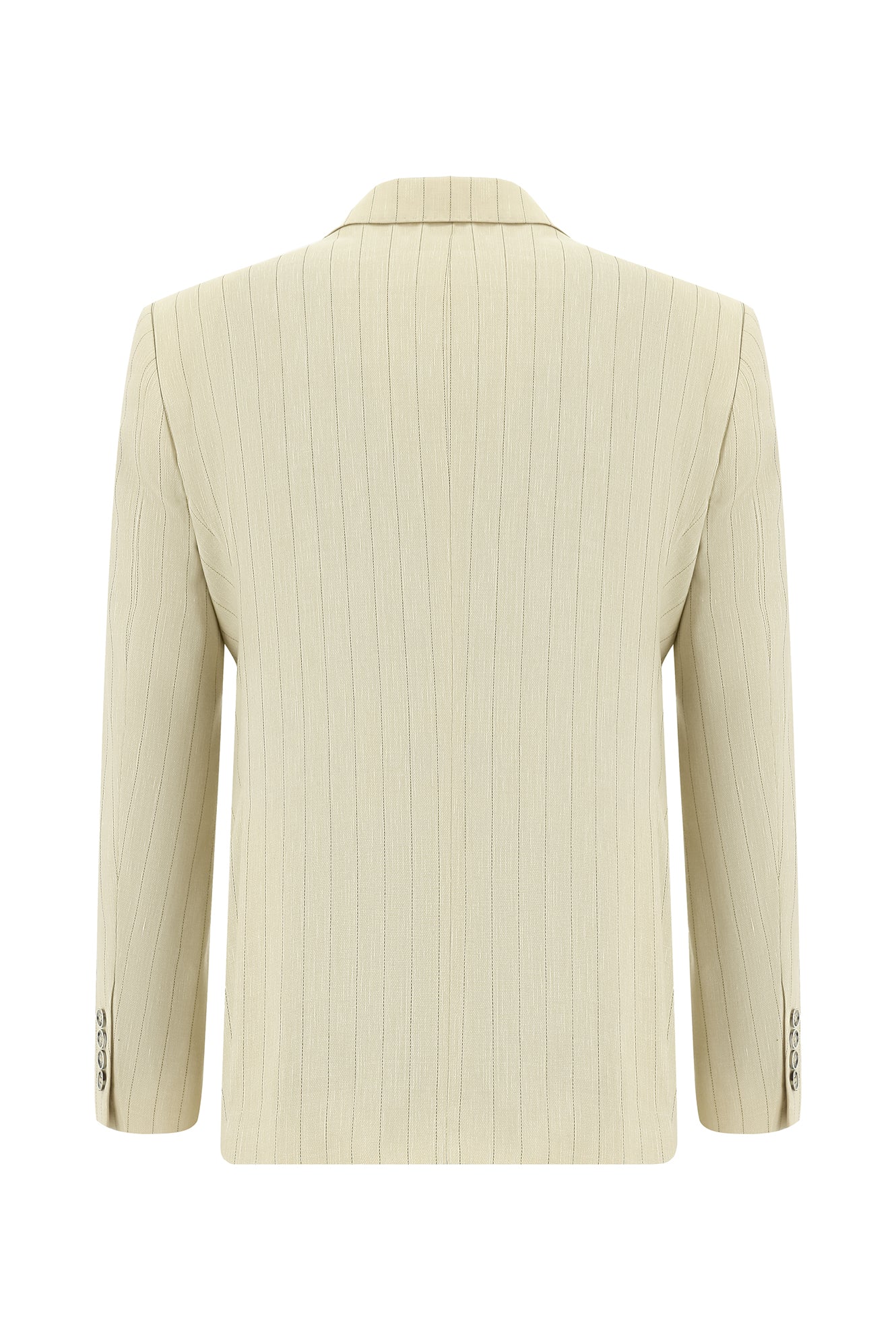 Açık Bej Slim Fit Dar Kesim Çizgili Keten Kruvaze Takım Elbise