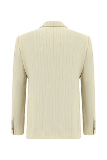 Açık Bej Slim Fit Dar Kesim Çizgili Keten Kruvaze Takım Elbise