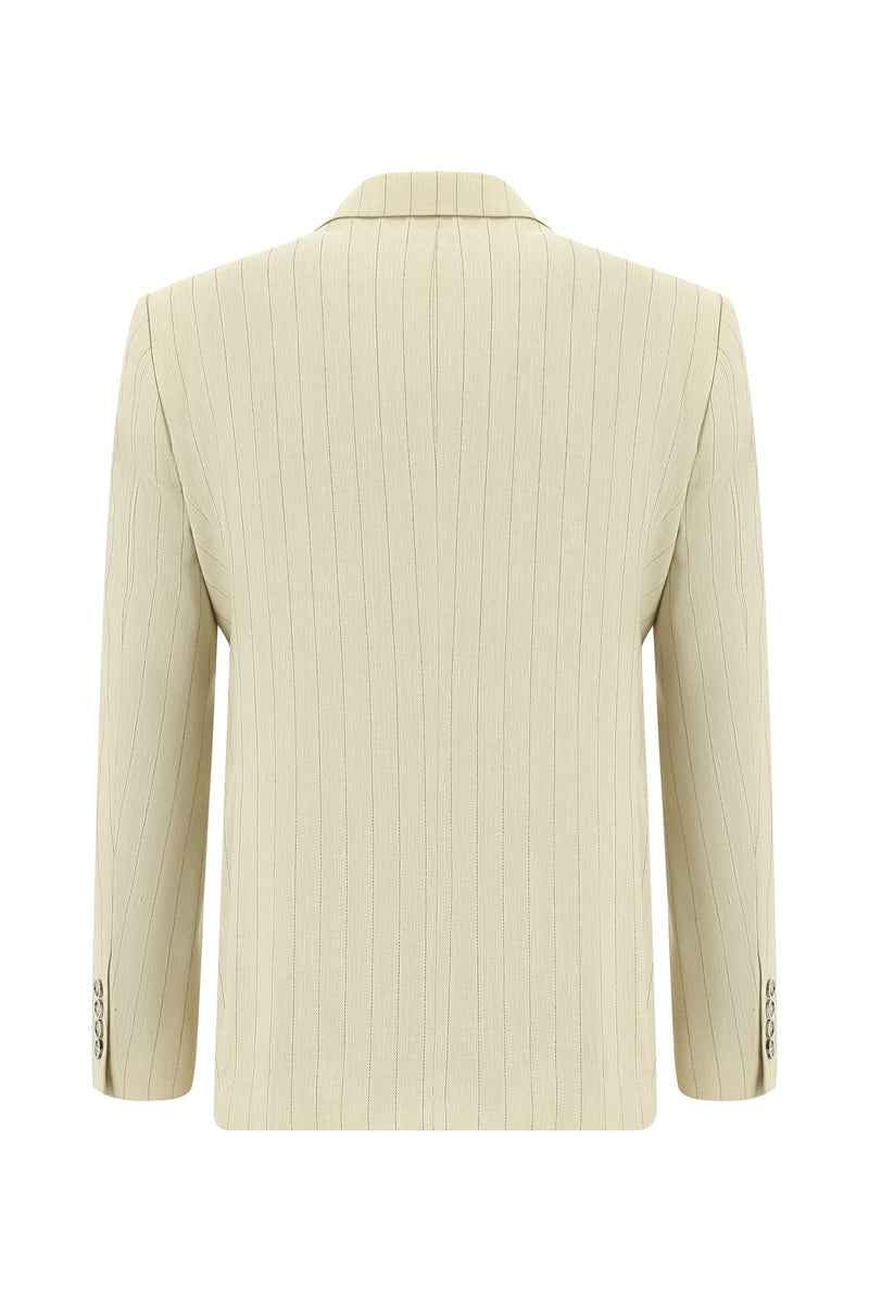 Açık Bej Slim Fit Dar Kesim Çizgili Keten Kruvaze Takım Elbise