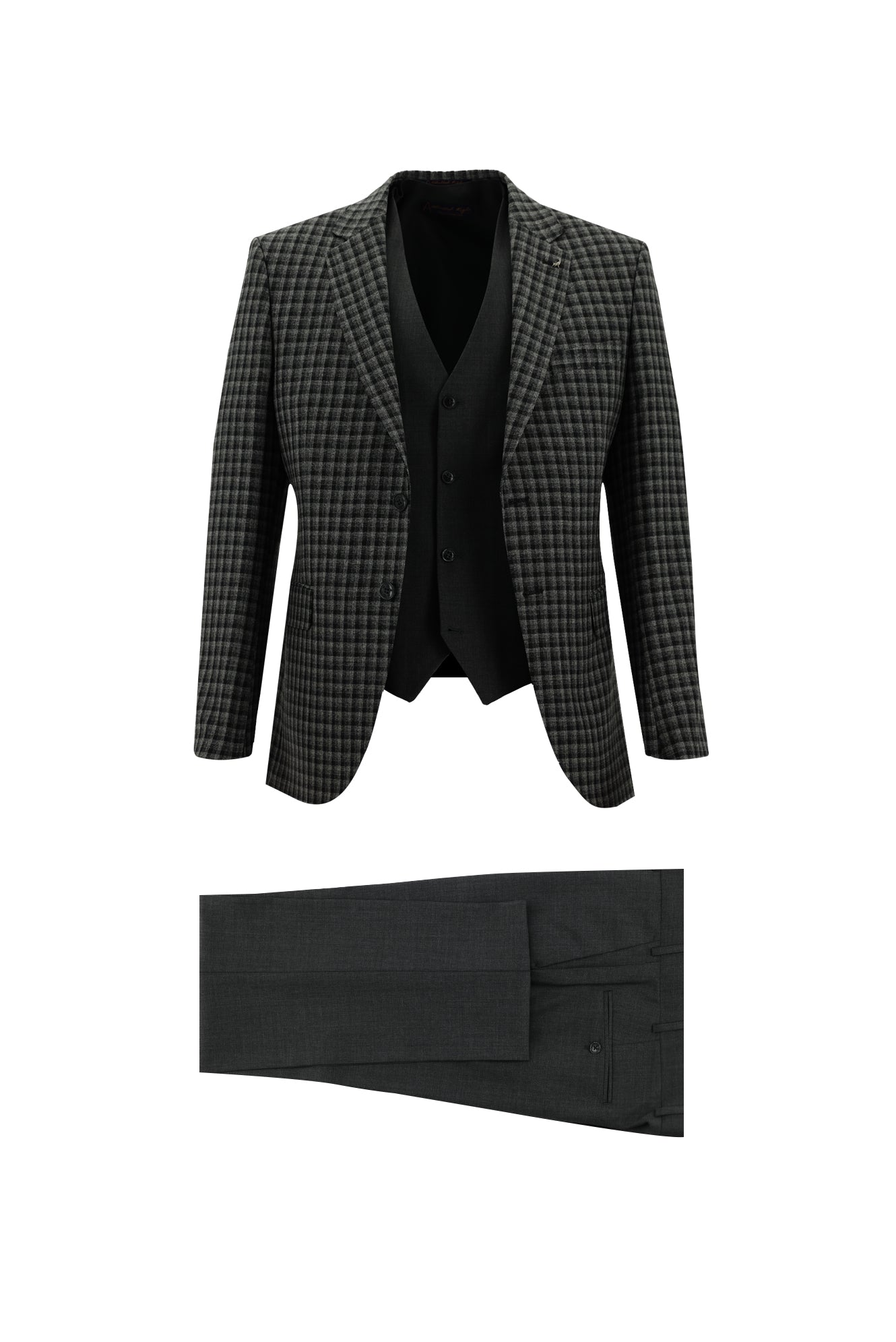 Koyu Antrasit Slim Fit Dar Kesim Kombinli Yelekli Yün Takım Elbise