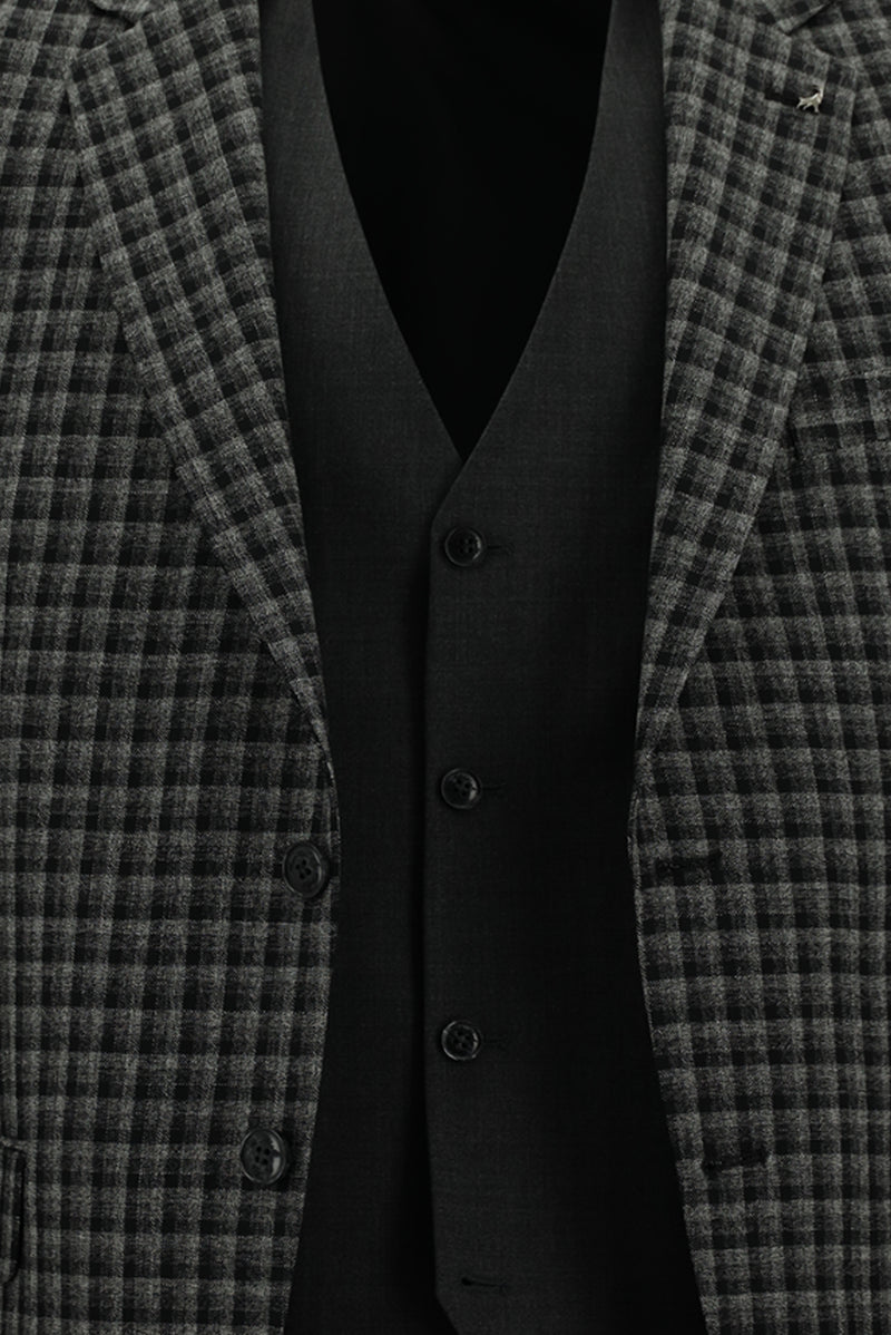 Koyu Antrasit Slim Fit Dar Kesim Kombinli Yelekli Yün Takım Elbise