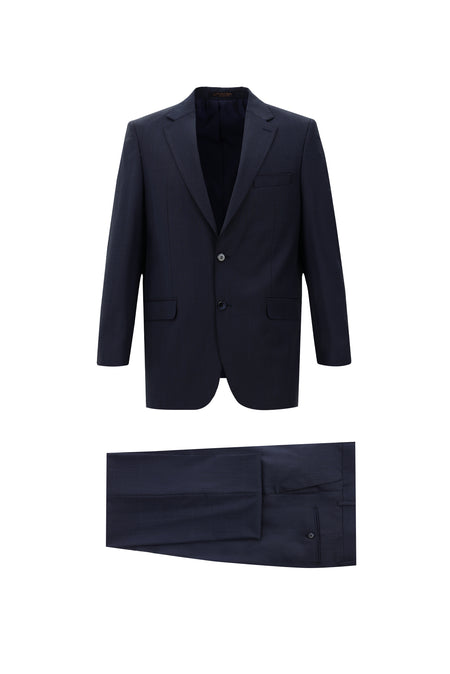 Orta Lacivert Slim Fit Dar Kesim Yünlü Klasik Kareli Takım Elbise