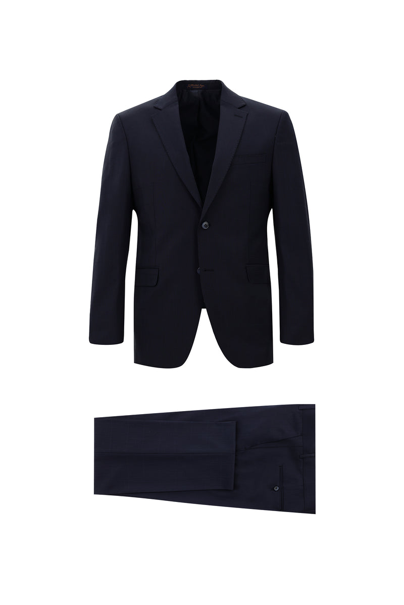 Koyu Lacivert Slim Fit Dar Kesim Yünlü Klasik Kareli Takım Elbise